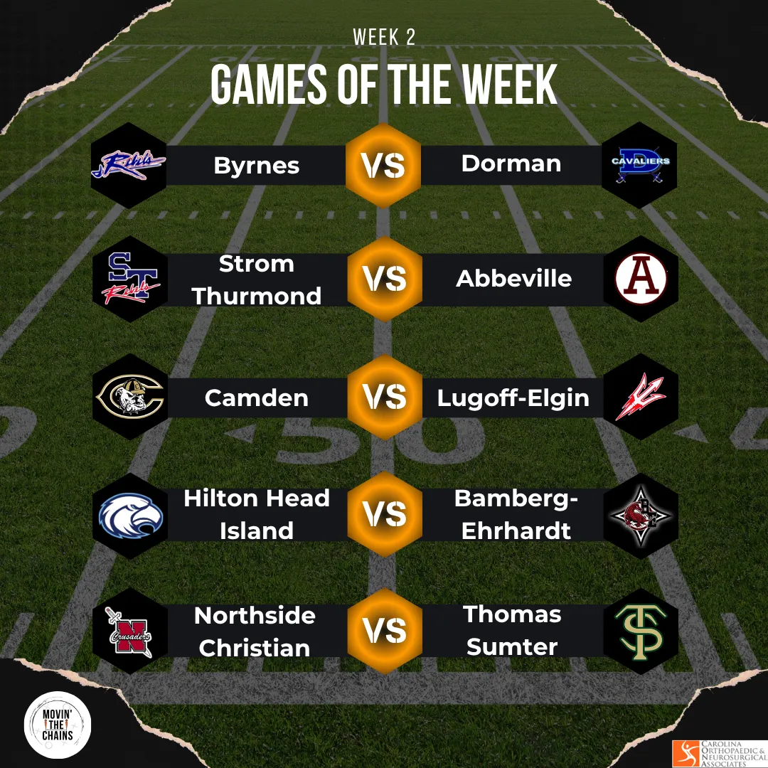 Week 2 Games of the Week: Byrnes vs Dorman, Strom Thurmond vs Abbeville, Camden vs Lugoff-Elgin, Hilton Head Island vs Bamberg-Ehrhardt, Northside Christian vs Thomas Sumter.
