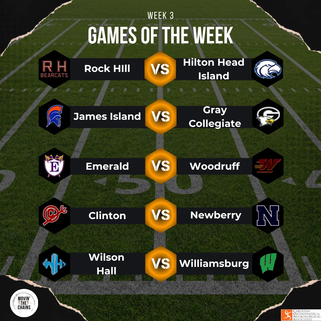 Week 3 Games of the Week: Rock Hill vs Hilton Head Island, James Island vs Gray Collegiate, Emerald vs Woodruff, Clinton vs Newberry, Wilson Hall vs Williamsburg