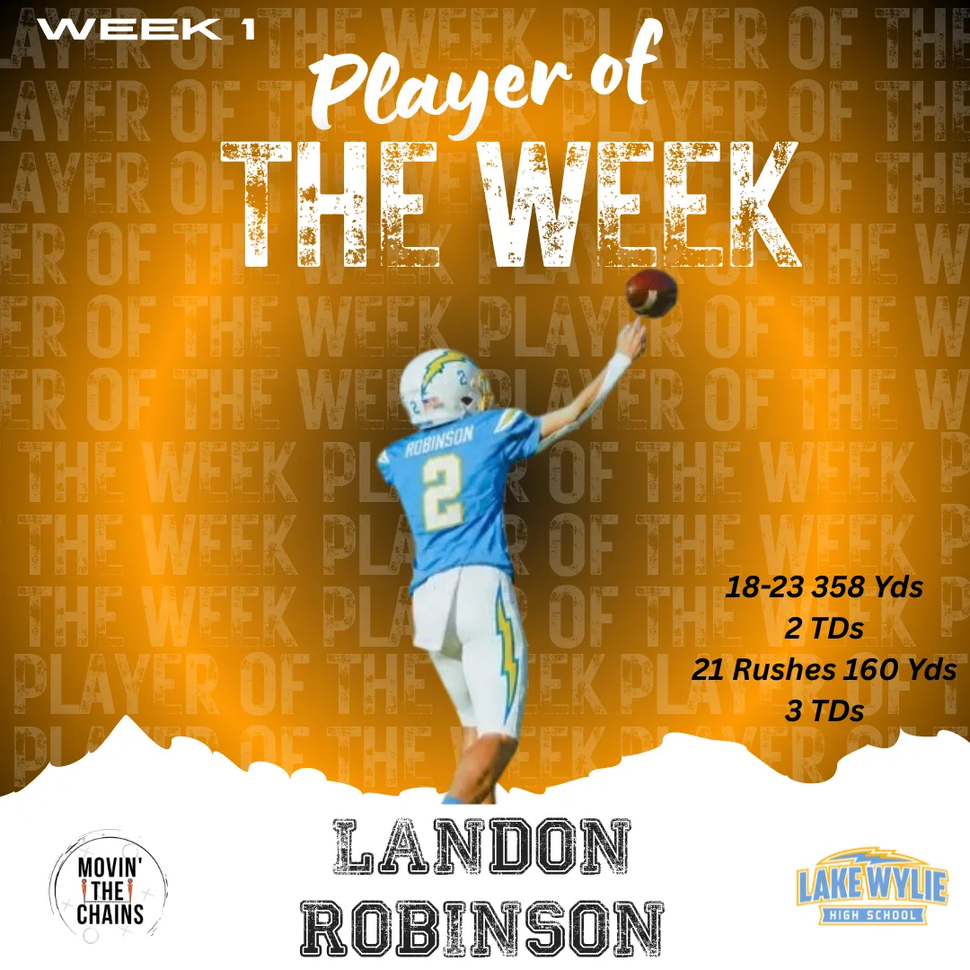 Movin' The Chains Week 1 Player of the Week: Landon Robinson, Lake Wylie. 18-23 358 yards 2 TDs, 21 rushes 160 yards 3 TDs.