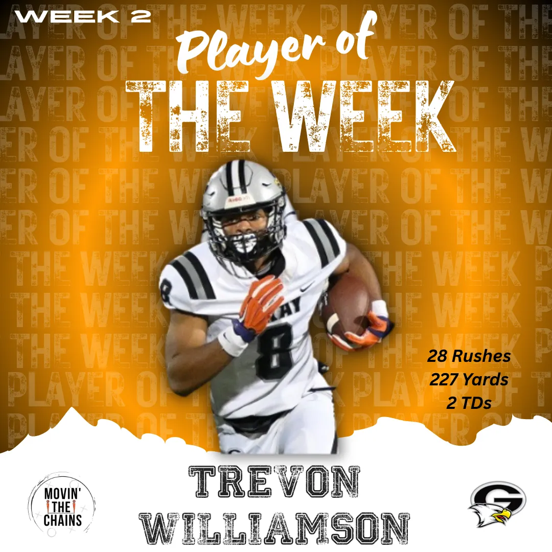 Movin' The Chains Week 2 Player of the Week: Trevon Williamson, Gray Collegiate. 28 rushes 227 yards 2 TDs.