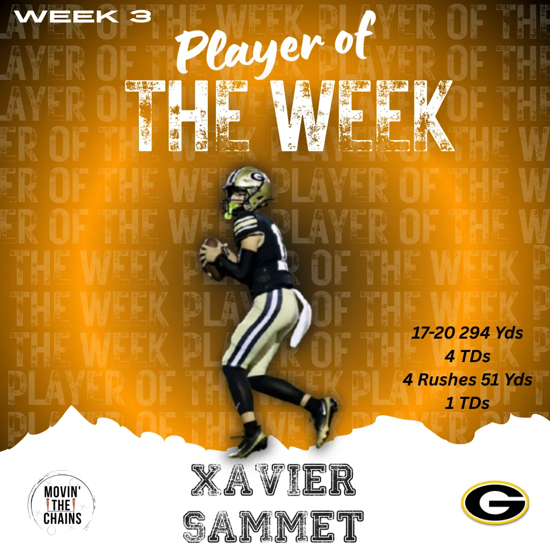 Movin' The Chains Week 3 Player of the Week: Xavier Sammet, Greer. 17-20 294 yards 4 TDs, 4 rushes 51 yards 1 TD.