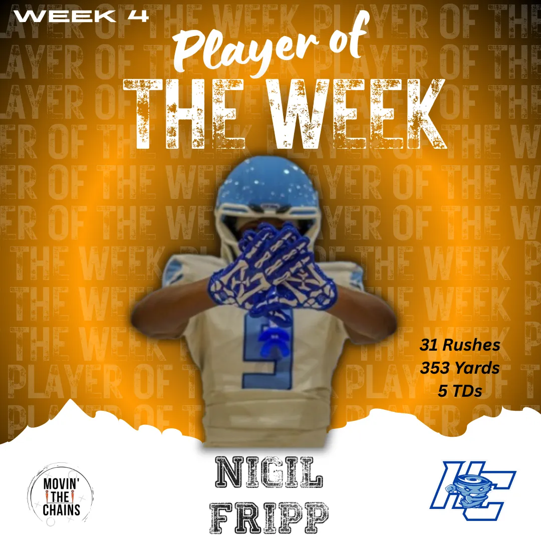Movin' The Chains Week 4 Player of the Week: Nigil Fripp, Hampton County. 31 rushes 353 yards 5 TDs.