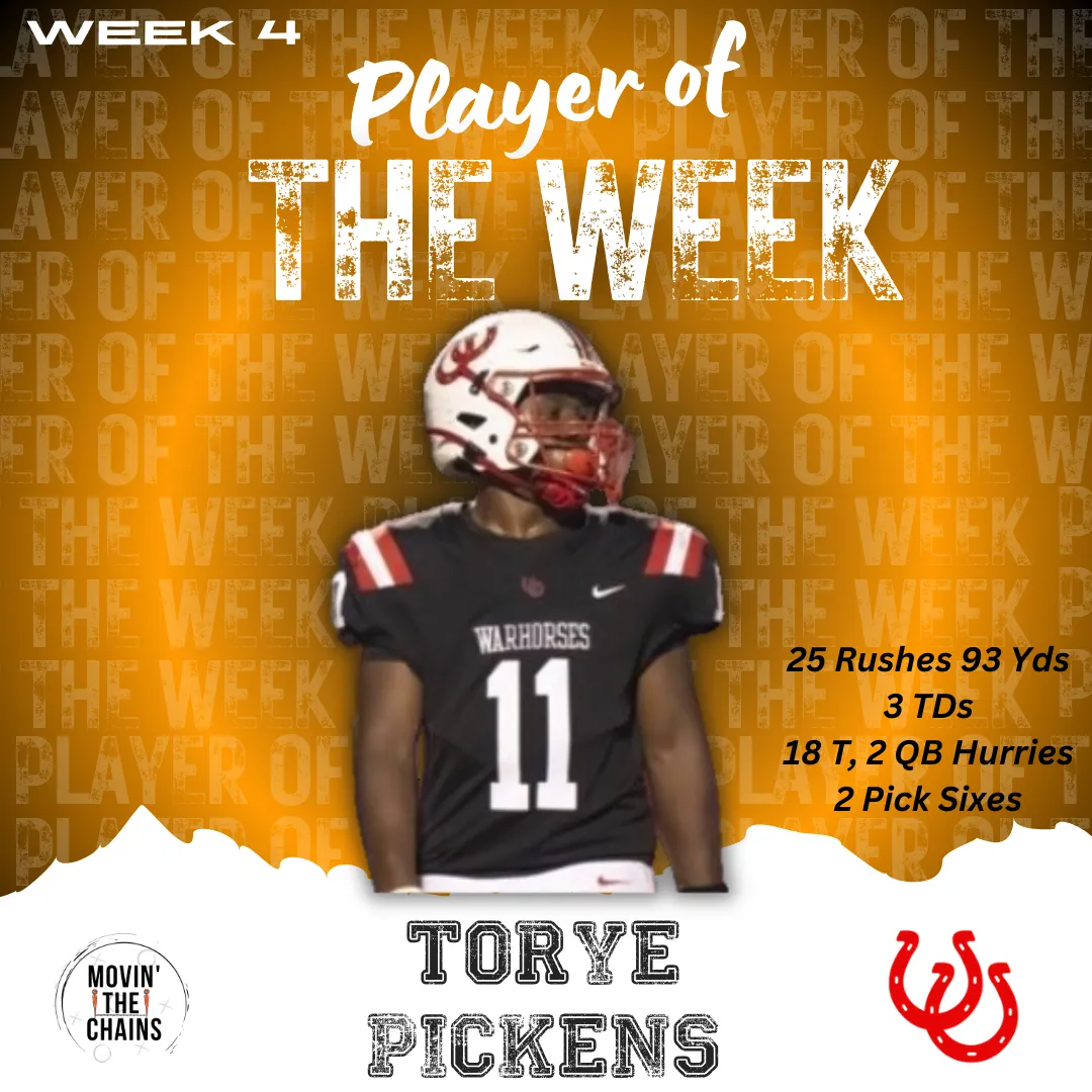 Movin' The Chains Week 4 Player of the Week: Torye Pickens, Barnwell. 25 rushes 93 yards 3 TDs, 18 T, 2 QB Hurries, 2 Pick Sixes.
